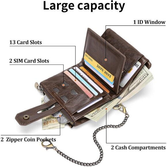 ✨Men Brown Chain Wallets Bifold Blocking with Chain Leather with Coin Pocket - Picture 2 of 7
